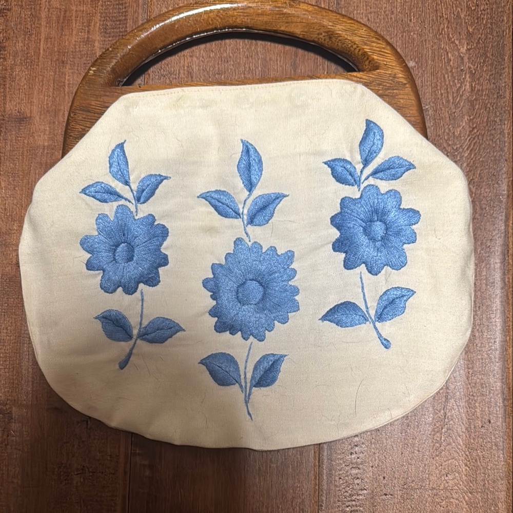 Cream Canvas Tote with Blue Floral Embroidery and Wooden Handles